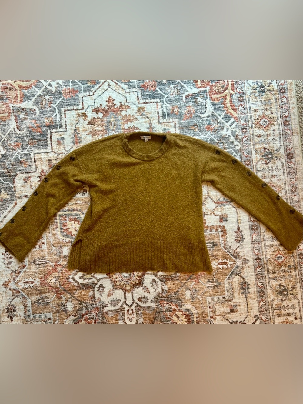 Madewell Olive Green Crewneck Sweater with Button-Sleeve Detail